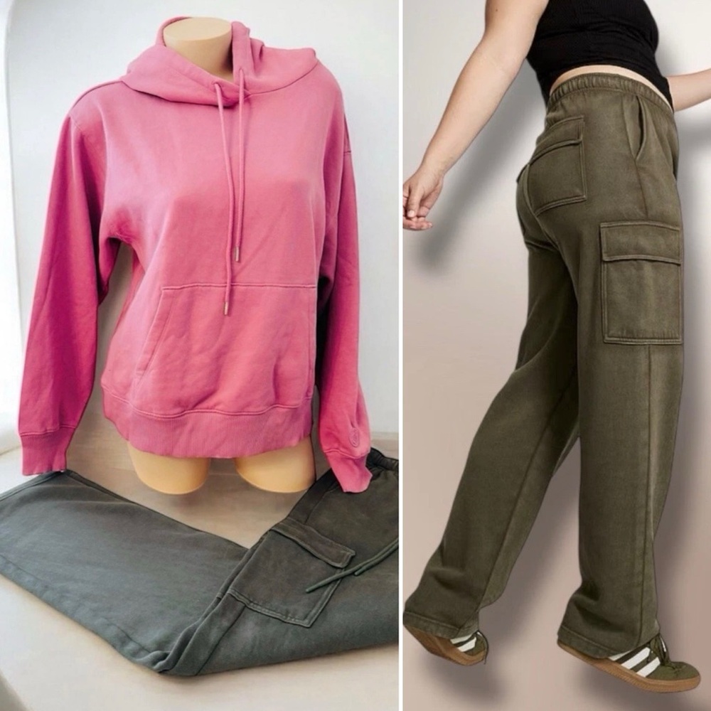 PINK Victorias Secret Ivy Hoodie Sweatshirt & Cargo Pants Wide-Leg Olive Medium